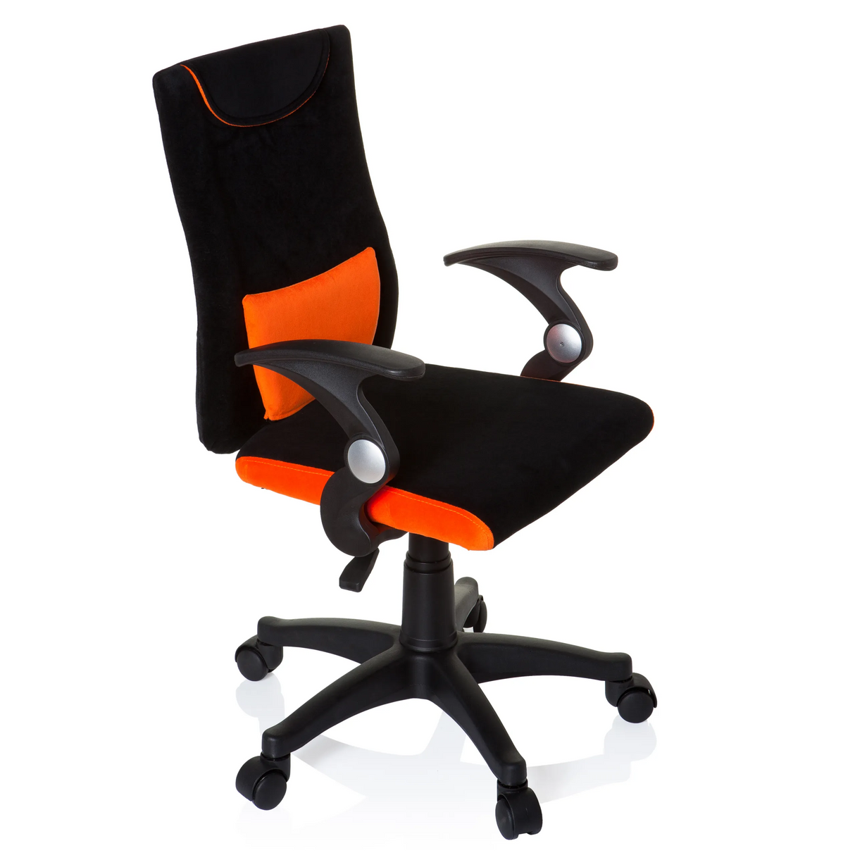 Schwarz-orangefarbener Kinderdrehstuhl KIDDY PRO AL mit Lendenkissen und Fußkreuz mit fünf Rollen von hjh OFFICE – 360-Grad-Ansicht (schräge Frontansicht 60°)
