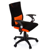 Schwarz-orangefarbener Kinderdrehstuhl KIDDY PRO AL mit Lendenkissen und Fußkreuz mit fünf Rollen von hjh OFFICE – 360-Grad-Ansicht (schräge Frontansicht 60°)