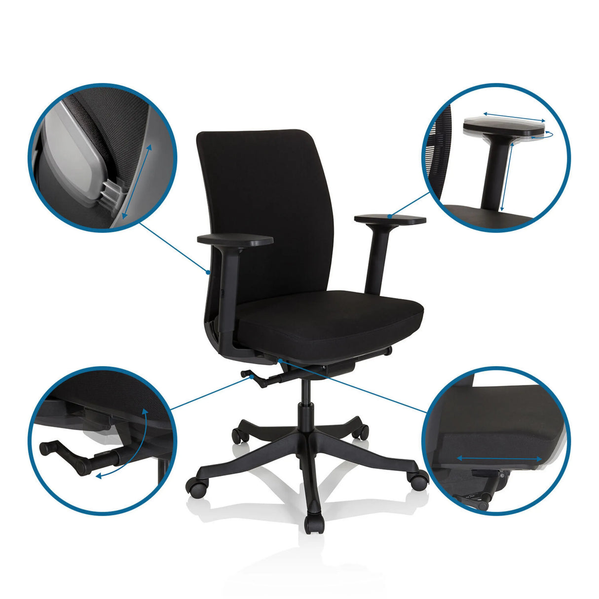 Verstellmöglichkeiten des Profi-Bürostuhls SENATOR an Armlehnen, Sitzhöhe und Sitztiefe von hjh OFFICE