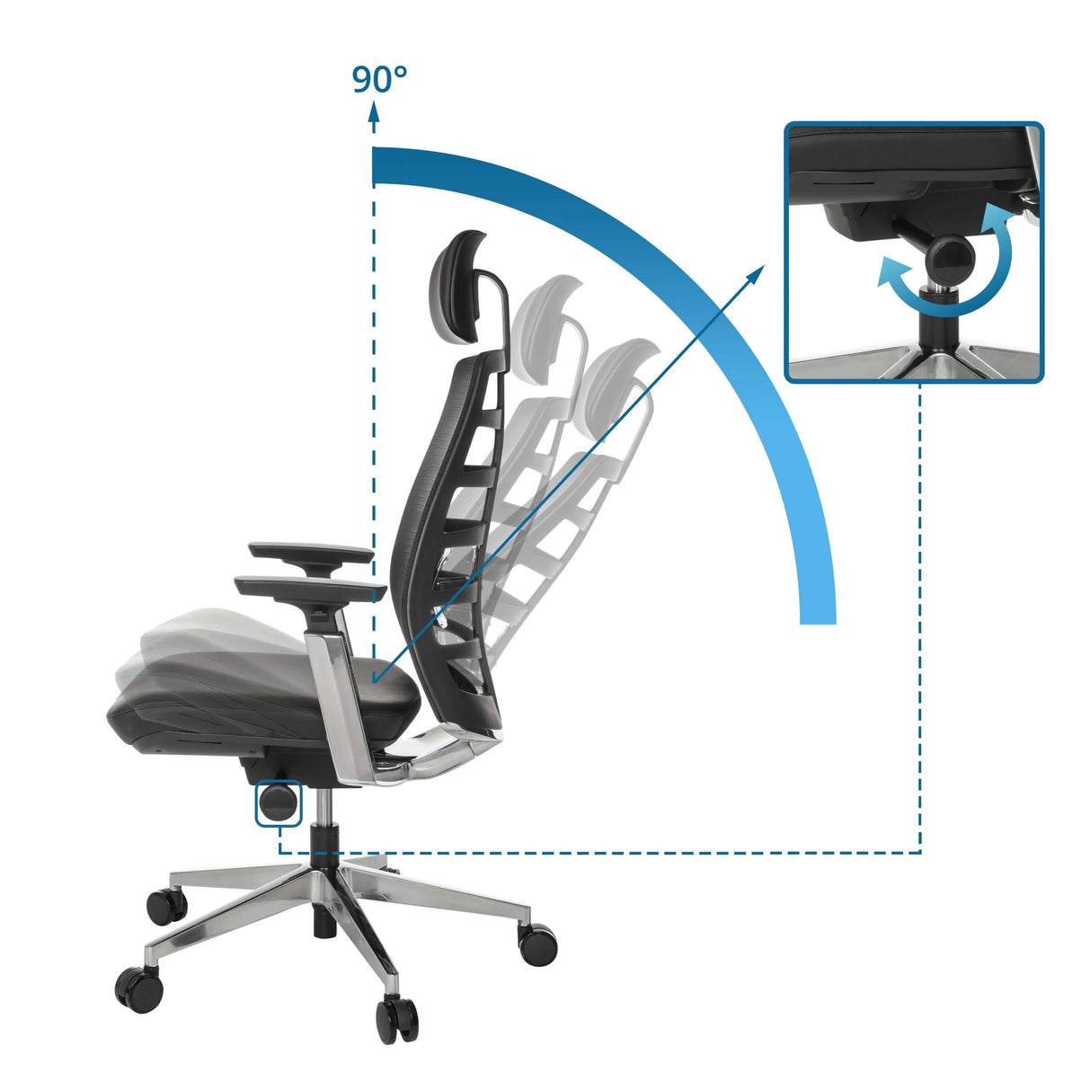 Neigungsmechanismus mit 90 Grad Verstellwinkel des High-End-Bürostuhls SPINIO ELITE L von hjh OFFICE