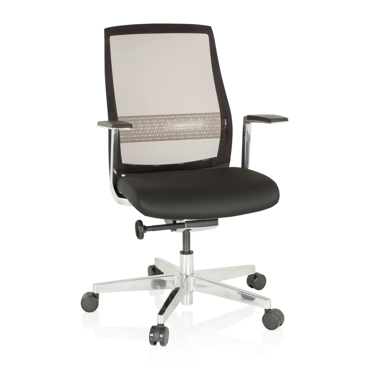Schwarzer High-End-Bürostuhl FOUNTAINE PRO mit Netzrücken und Fußkreuz mit fünf Rollen von hjh OFFICE – 360-Grad-Ansicht (Frontansicht 20°)