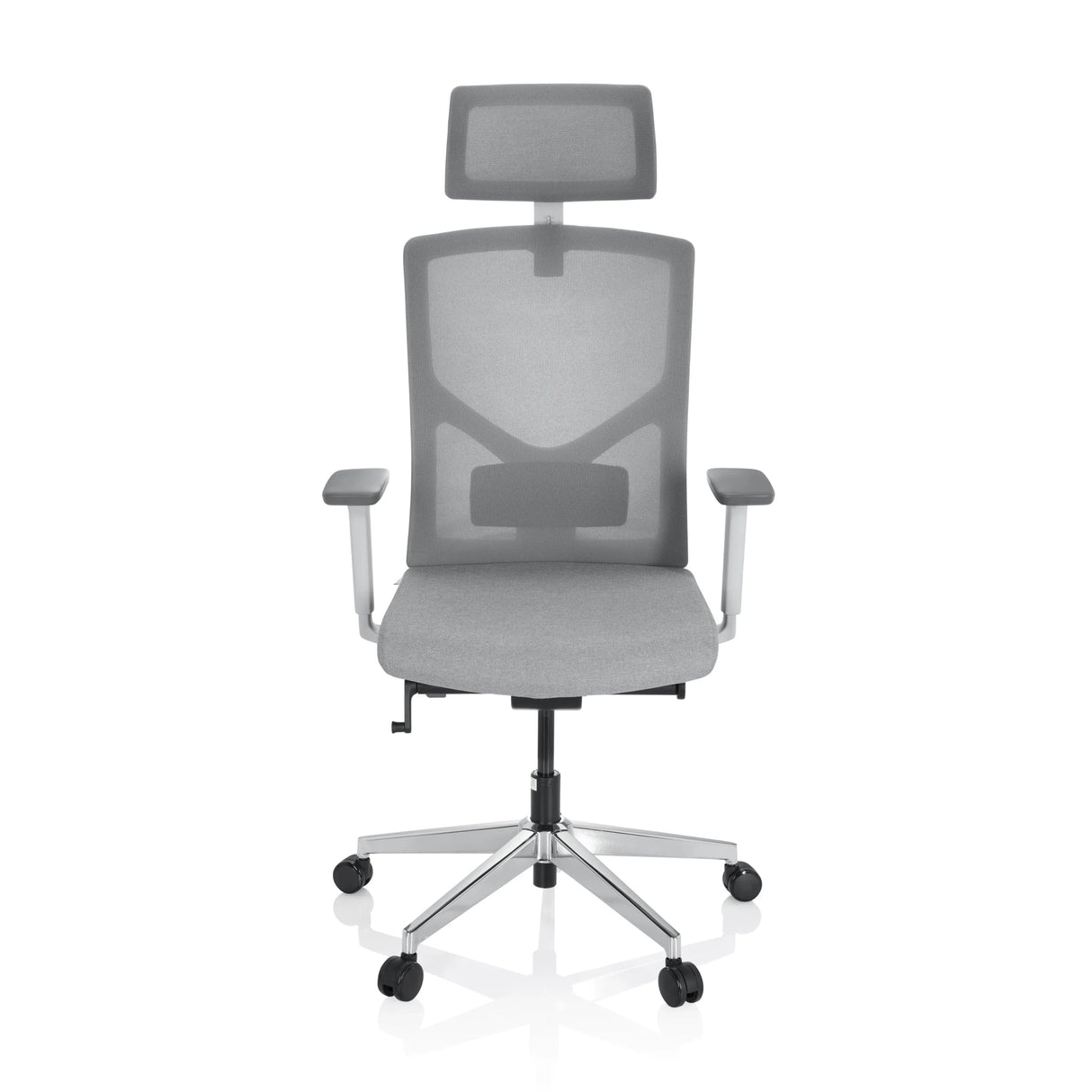 Grauer Profi-Bürostuhl BRETON PRO W mit Netzrücken, Kopfstütze und Fußkreuz mit fünf Rollen von hjh OFFICE – 360-Grad-Ansicht (Frontansicht 0°)