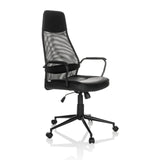 Schwarzer Homeoffice-Chefsessel MARCOZ mit Netzrücken und Fußkreuz mit fünf Rollen von MyBuero – 360-Grad-Ansicht (schräge Frontansicht 45°)