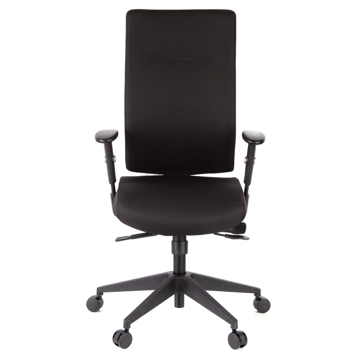 Schwarzer Profi-Bürostuhl PRO-TEC 300 mit Armlehnen und einem Fußkreuz mit fünf Rollen von hjh OFFICE – 360-Grad-Ansicht (Frontansicht 0°)