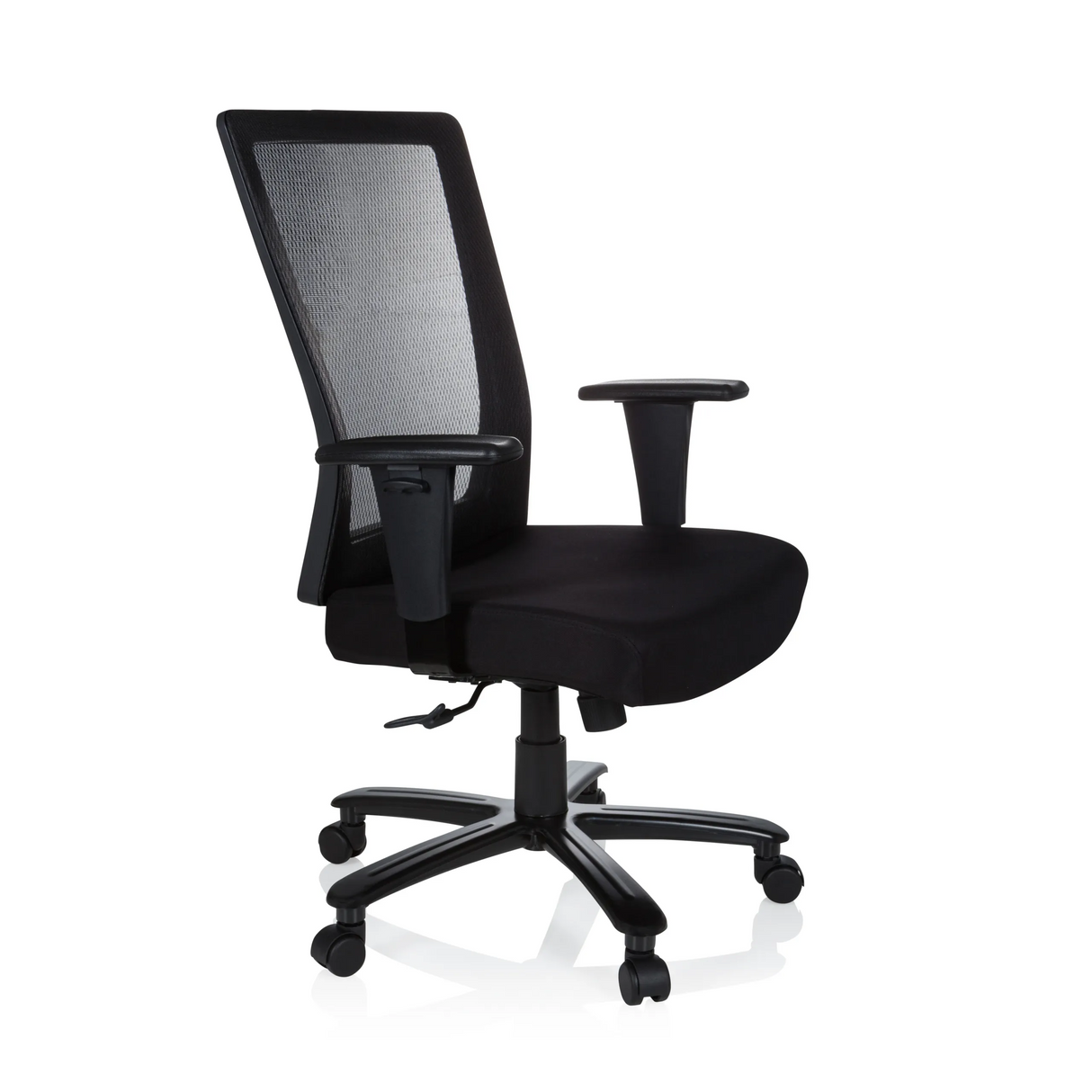 Schwarzer Drehstuhl XXL EXTENDER mit Netzrücken und Fußkreuz mit fünf Rollen von hjh OFFICE – 360-Grad-Ansicht (schräge Frontansicht 60°)