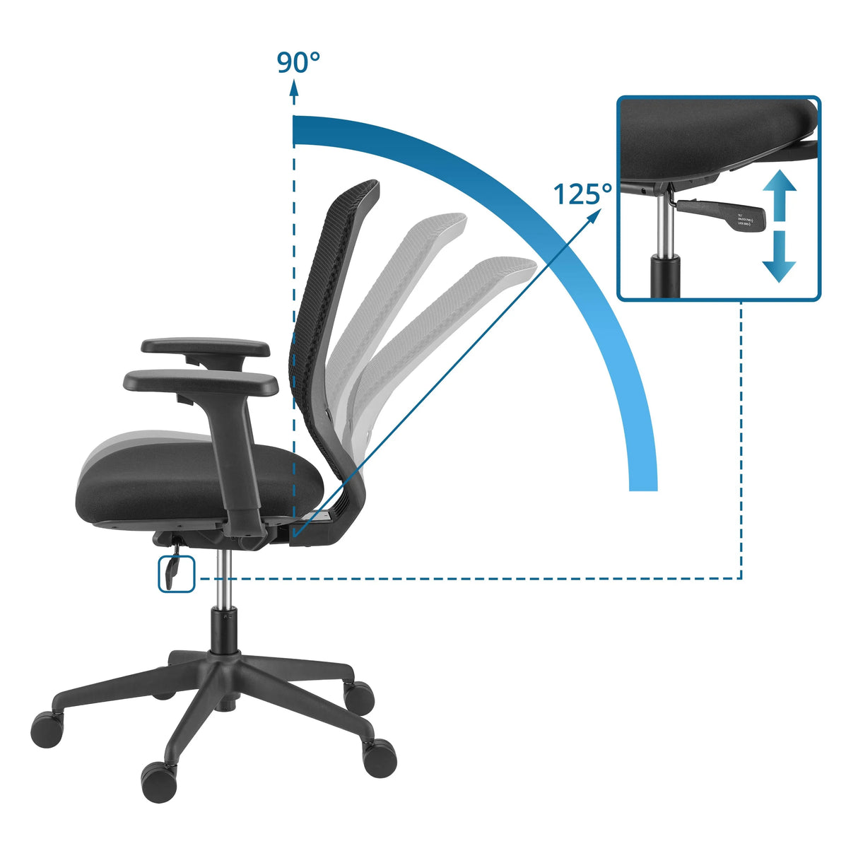 Verstellbarer Rückenlehnenwinkel von 90° bis 125° des Profi-Bürostuhls Delvia von hjh OFFICE