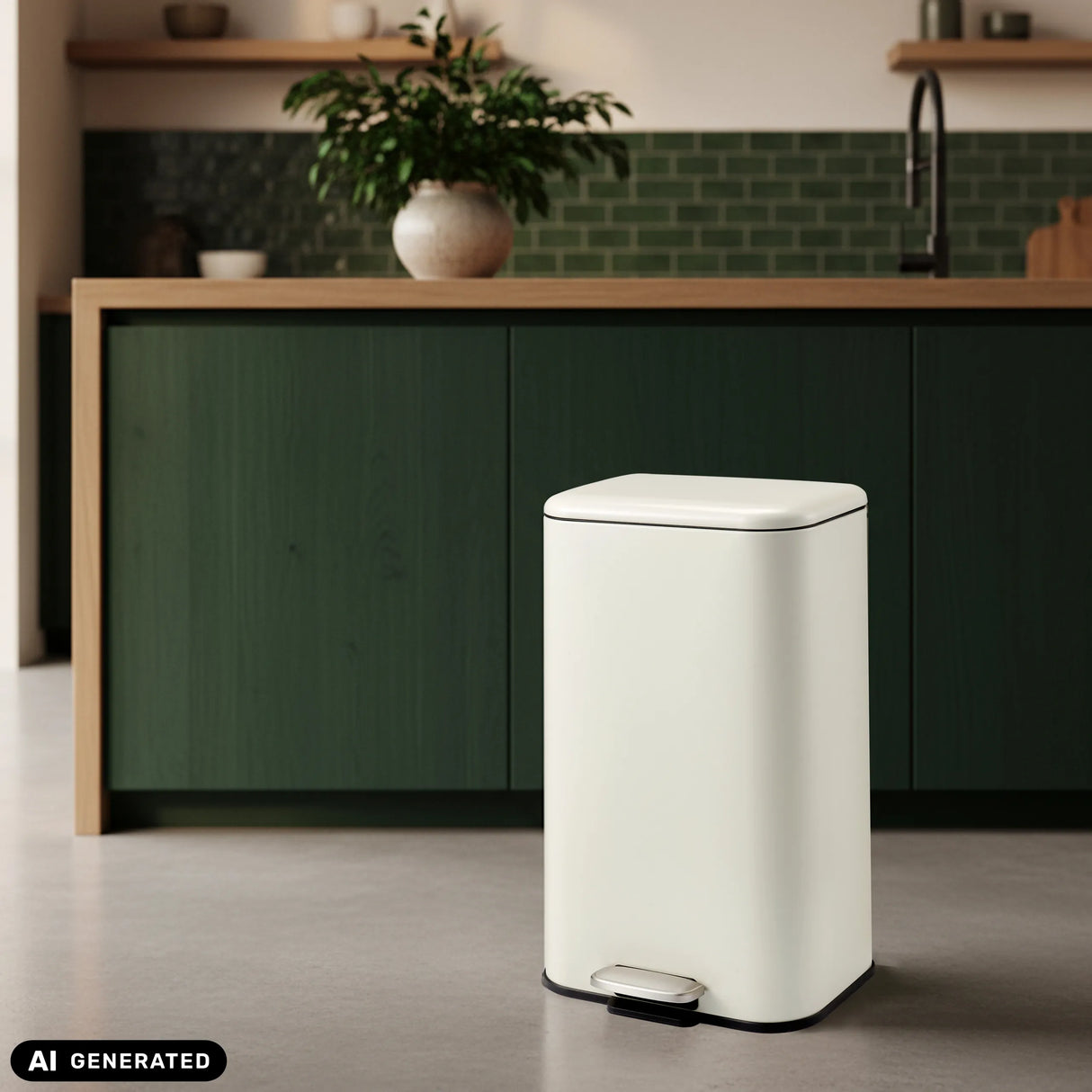 Beiger Mülleimer Clean 1 mit Fußpedal und 30 l Fassungsvermögen von hjh OFFICE (KI-generiertes Bild)