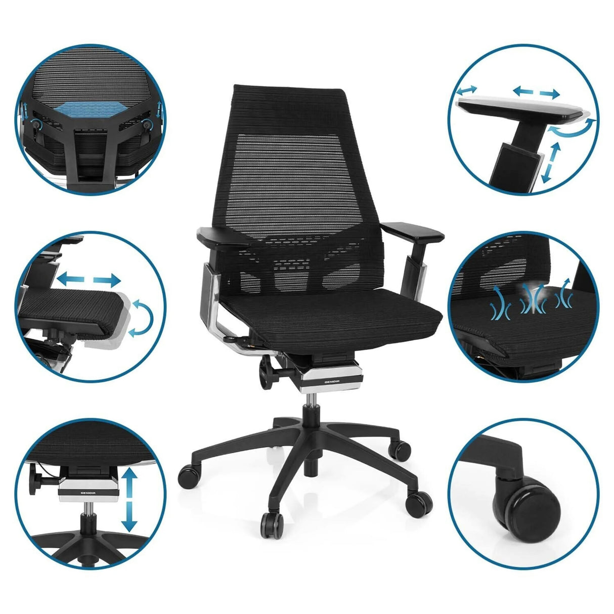 Profi-Bürostuhl GENIDIA SMART BLACK CM in Schwarz mit Netzrücken und verschiedenen Verstellmöglichkeiten von hjh OFFICE