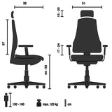 Technische Zeichnung des Profi-Bürostuhls MC102C-M101 mit maximal 120 kg Traglast von Sihoo