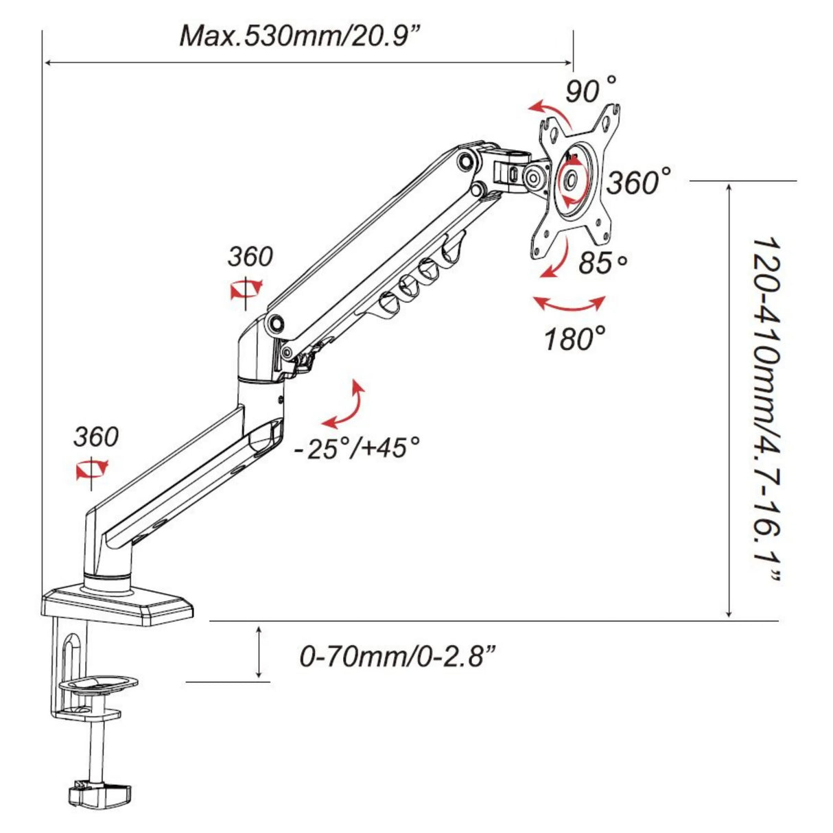 Technische Zeichnung der Monitorhalterung Ergomount GF1 mit maximal 530 mm Ausladung von hjh OFFICE