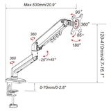 Technische Zeichnung der Monitorhalterung Ergomount GF1 mit maximal 530 mm Ausladung von hjh OFFICE