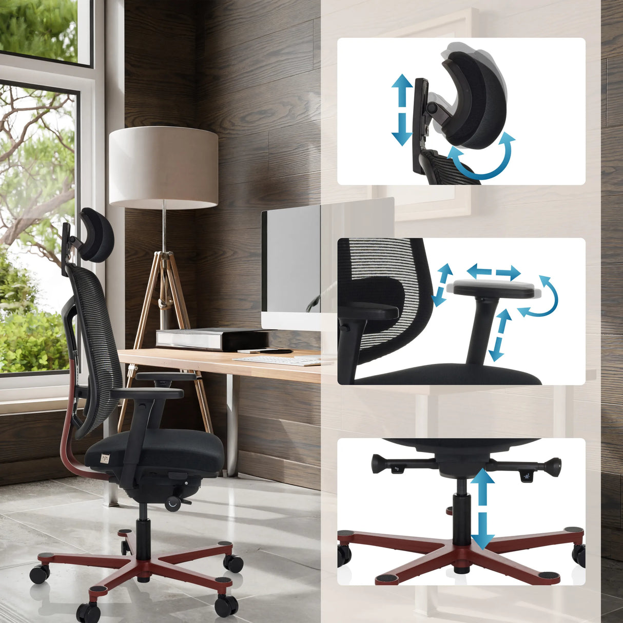Verstellbare Kopfstütze, Armlehnen und Sitzhöhe des High-End-Bürostuhls BICOLORE HIGH von hjh OFFICE