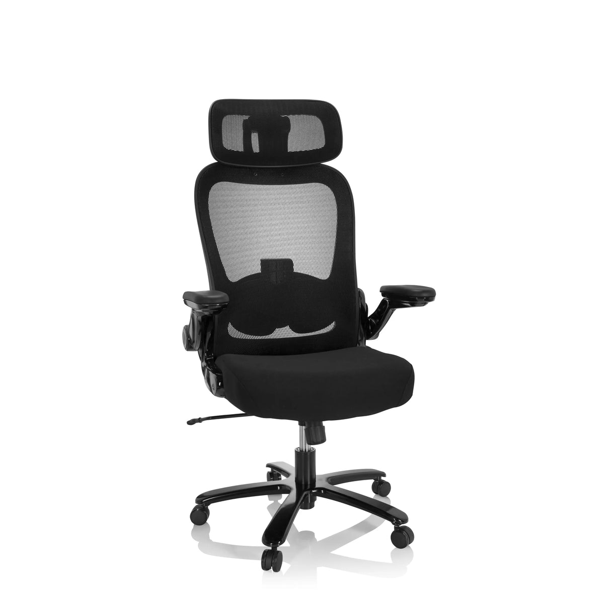 Schwarzer XXL Drehstuhl INSTRUCTOR SW I PRO mit Netzrücken, Kopfstütze und Fußkreuz mit fünf Rollen von hjh OFFICE – 360-Grad-Ansicht (Frontansicht 20°)