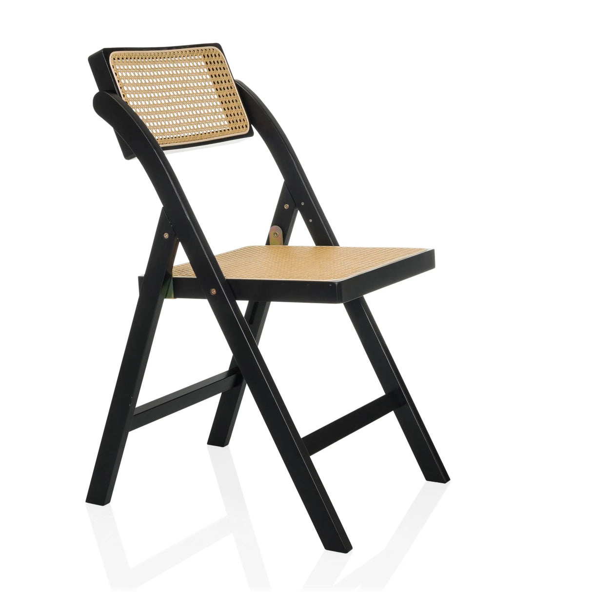 Schwarzer Klappstuhl TUDELA BAMBOO mit brauner Wiener Geflecht-Sitzfläche und -Rückenlehne von hjh LIVING – 360-Grad-Ansicht (schräge Frontansicht 60°)
