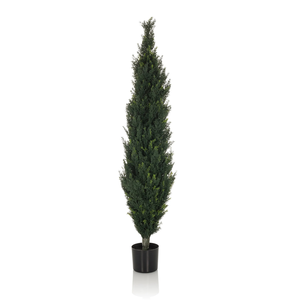 Grüne Kunstpflanze CEDRUS in Form einer hohen Zypresse mit schwarzem Pflanztopf von hjh OFFICE – 360-Grad-Ansicht (Frontansicht 0°)