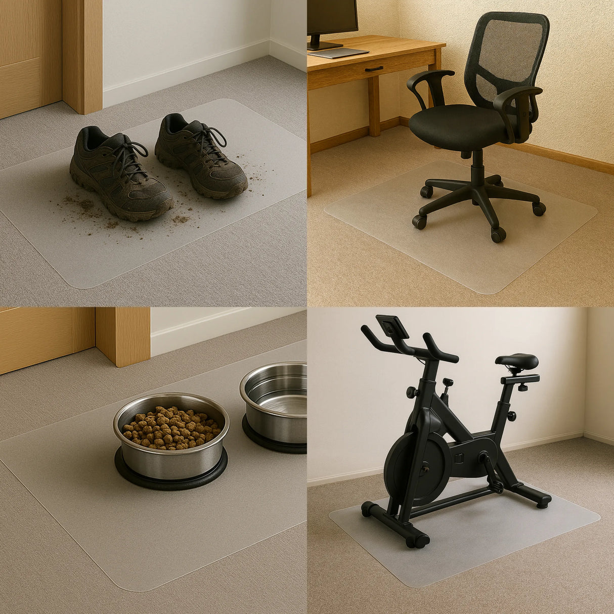 Bodenschutzmatte ULTIMAT II aus transparentem Polycarbonat in verschiedenen Anwendungsszenarien auf Teppich von Floortex