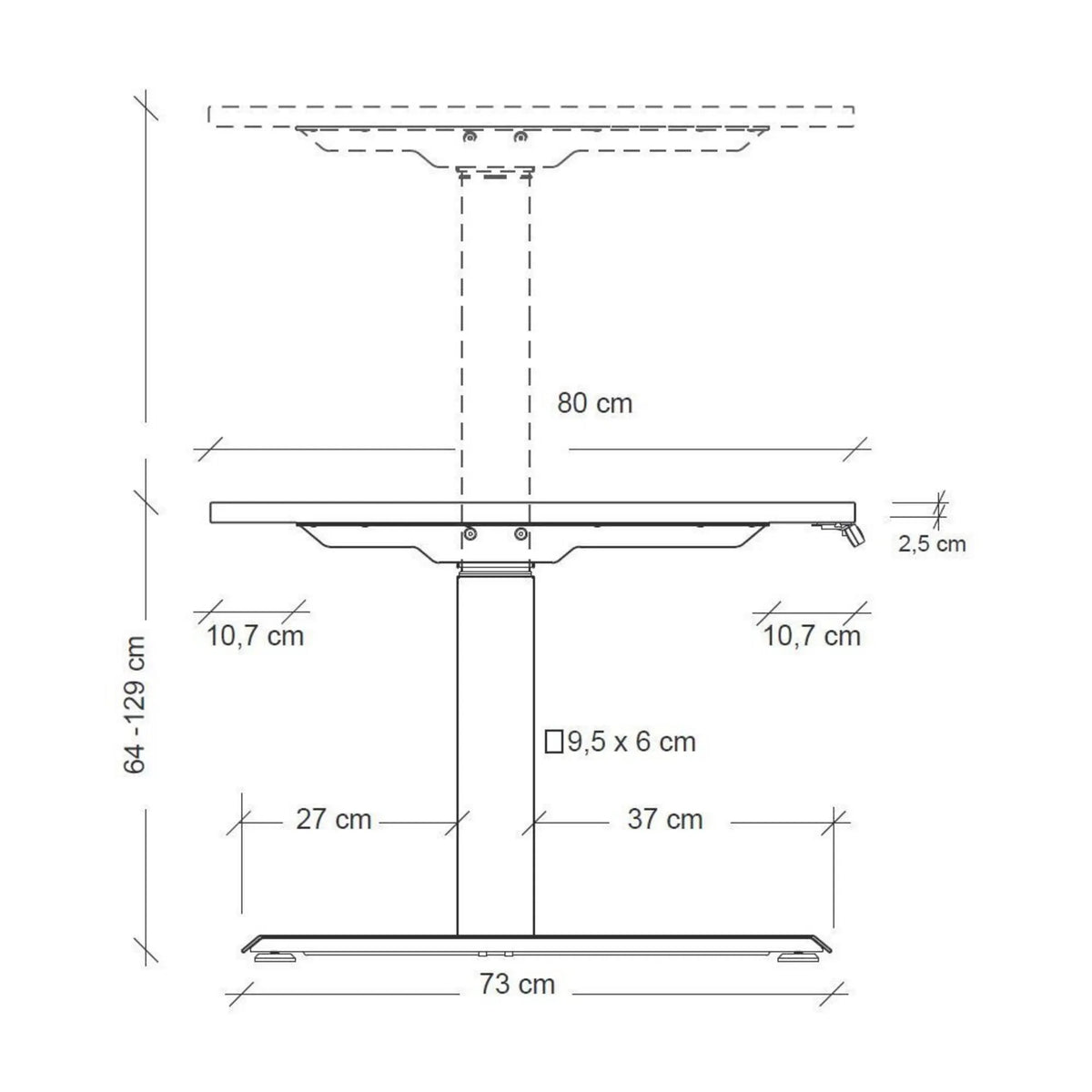Maßzeichnung des elektrisch höhenverstellbaren Schreibtischs XDKB 19 W mit einer Höhe von 64–129 cm von hjh OFFICE PRO