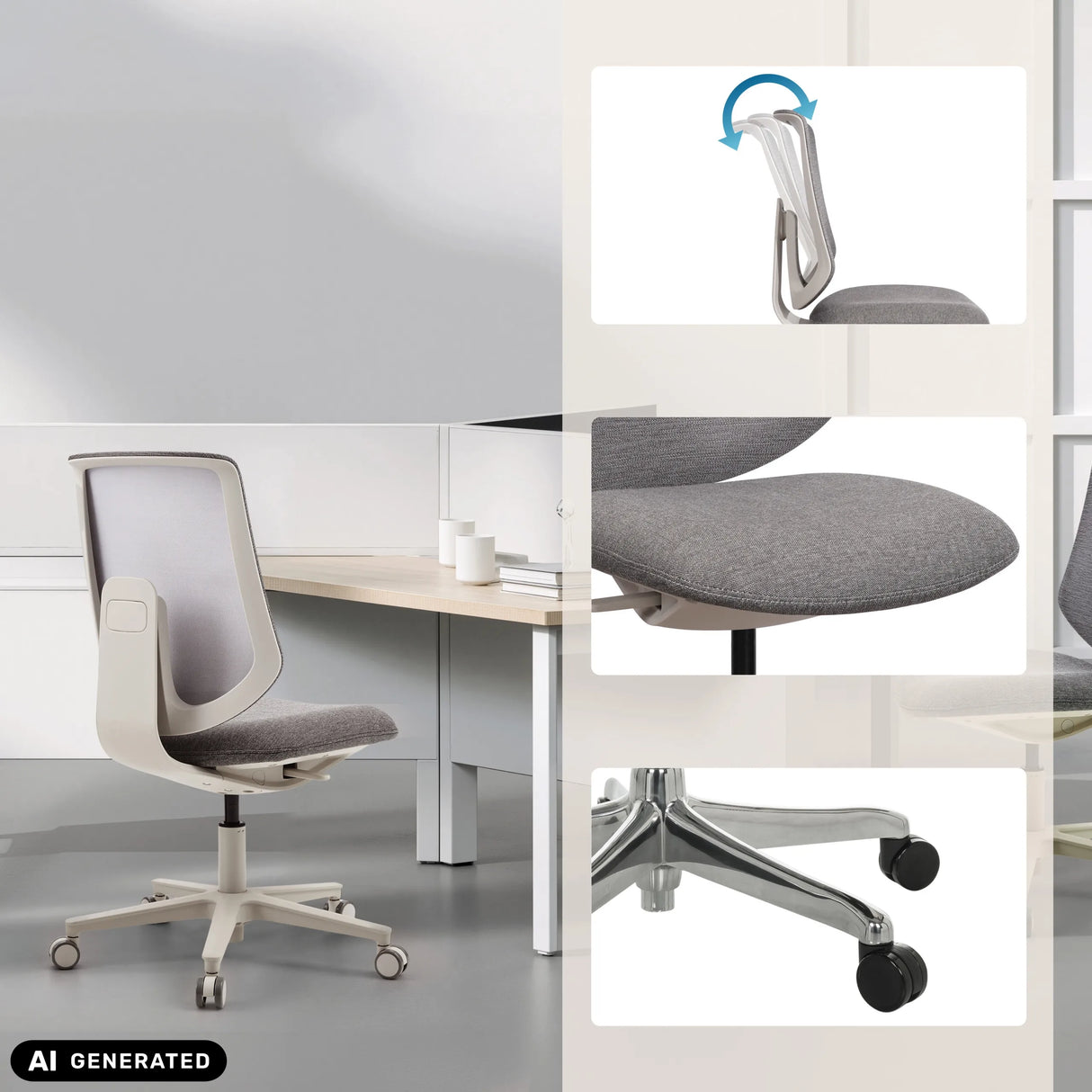 Grauer Homeoffice-Bürostuhl Sitflex Lady mit Details zu Rückenlehne, Sitz und Rollen von hjh OFFICE (KI-generiertes Bild)