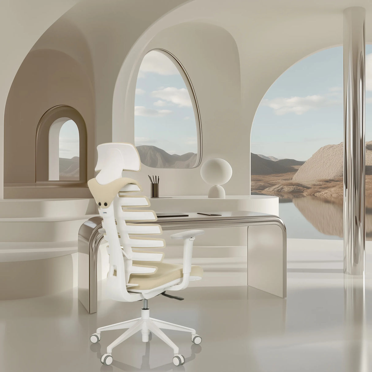 Profi-Bürostuhl ERGO LINE W in Salted Caramel mit weißem Gestell vor einer minimalistischen Kulisse von hjh OFFICE