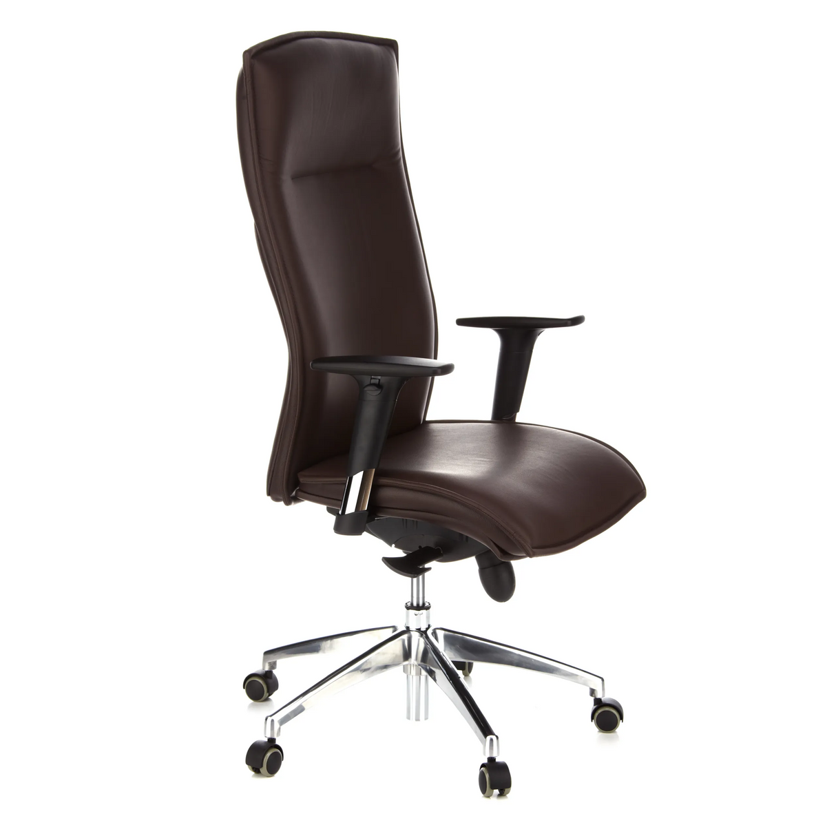 Dunkelbrauner Luxus-Chefsessel MURANO 20 mit Armlehnen und Fußkreuz mit fünf Rollen von hjh OFFICE – 360-Grad-Ansicht (schräge Frontansicht 60°)