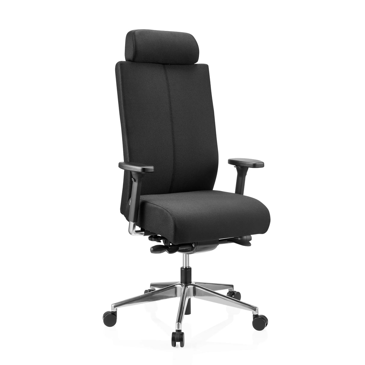Schwarzer Profi-Bürostuhl PRO-TEC XXL mit Stoffbezug, Kopfstütze und Fußkreuz mit fünf Rollen von hjh OFFICE – 360-Grad-Ansicht (schräge Frontansicht 30°)