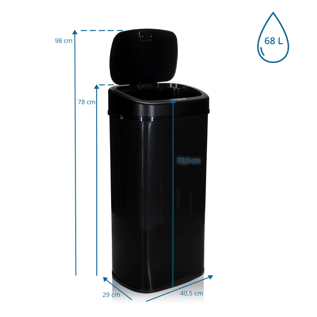 Maßzeichnung des Sensor-Mülleimers CLEAN VI mit 68 Litern Volumen und 78 cm Höhe von hjh OFFICE