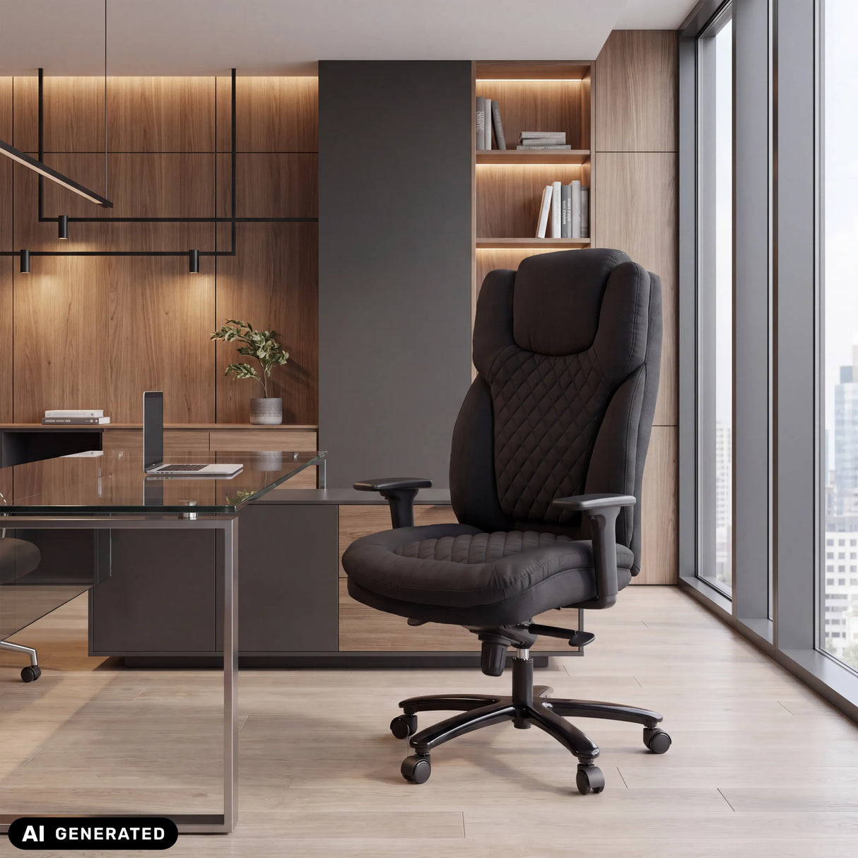 Schwarzer Drehstuhl XXL Pullmann Gen2 mit gestepptem Stoffbezug und Armlehnen in einem modernen Büro von hjh OFFICE