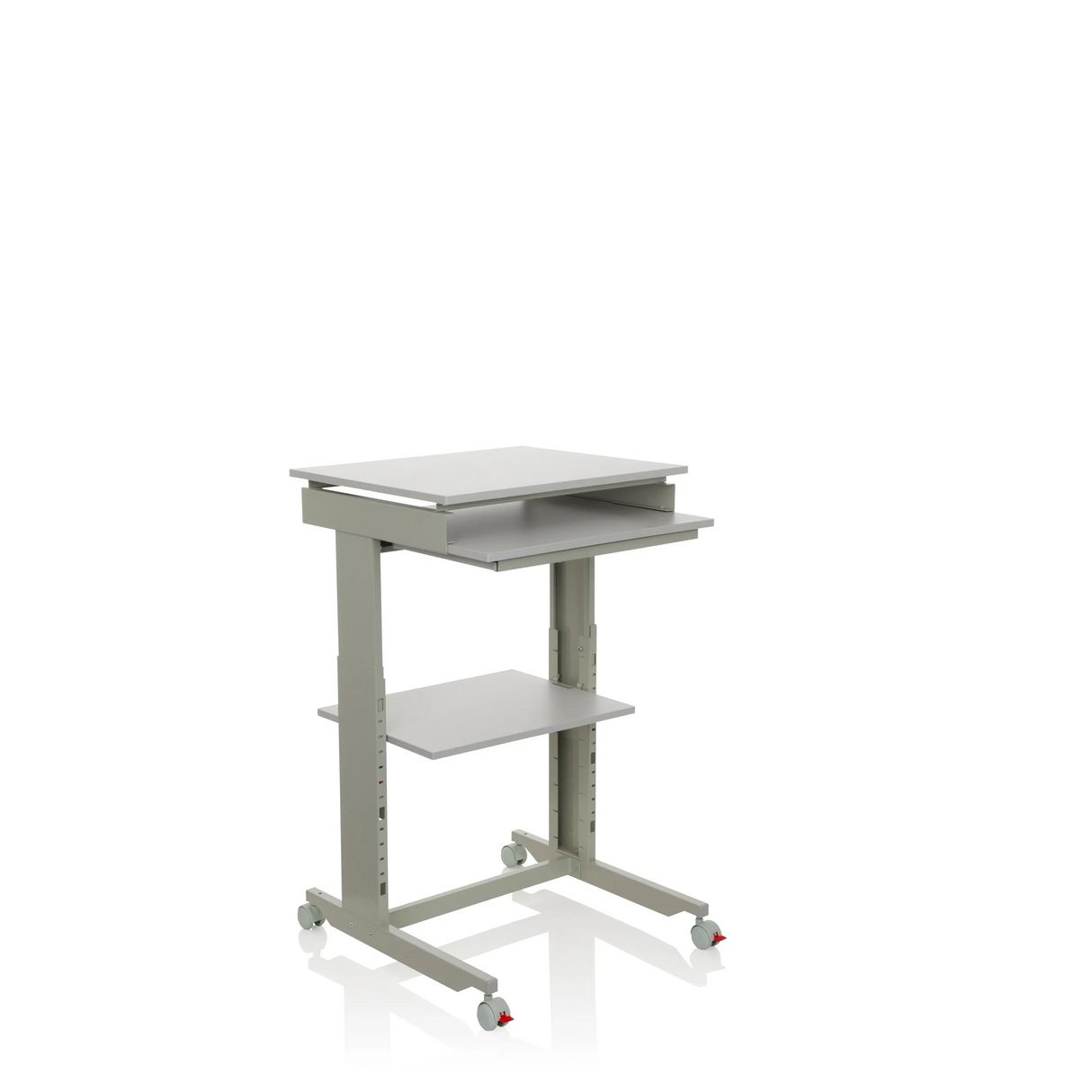 Grauer Stehschreibtisch WORKSTATION mit Ablagefläche und vier Rollen von hjh OFFICE – 360-Grad-Ansicht (schräge Frontansicht 40°)