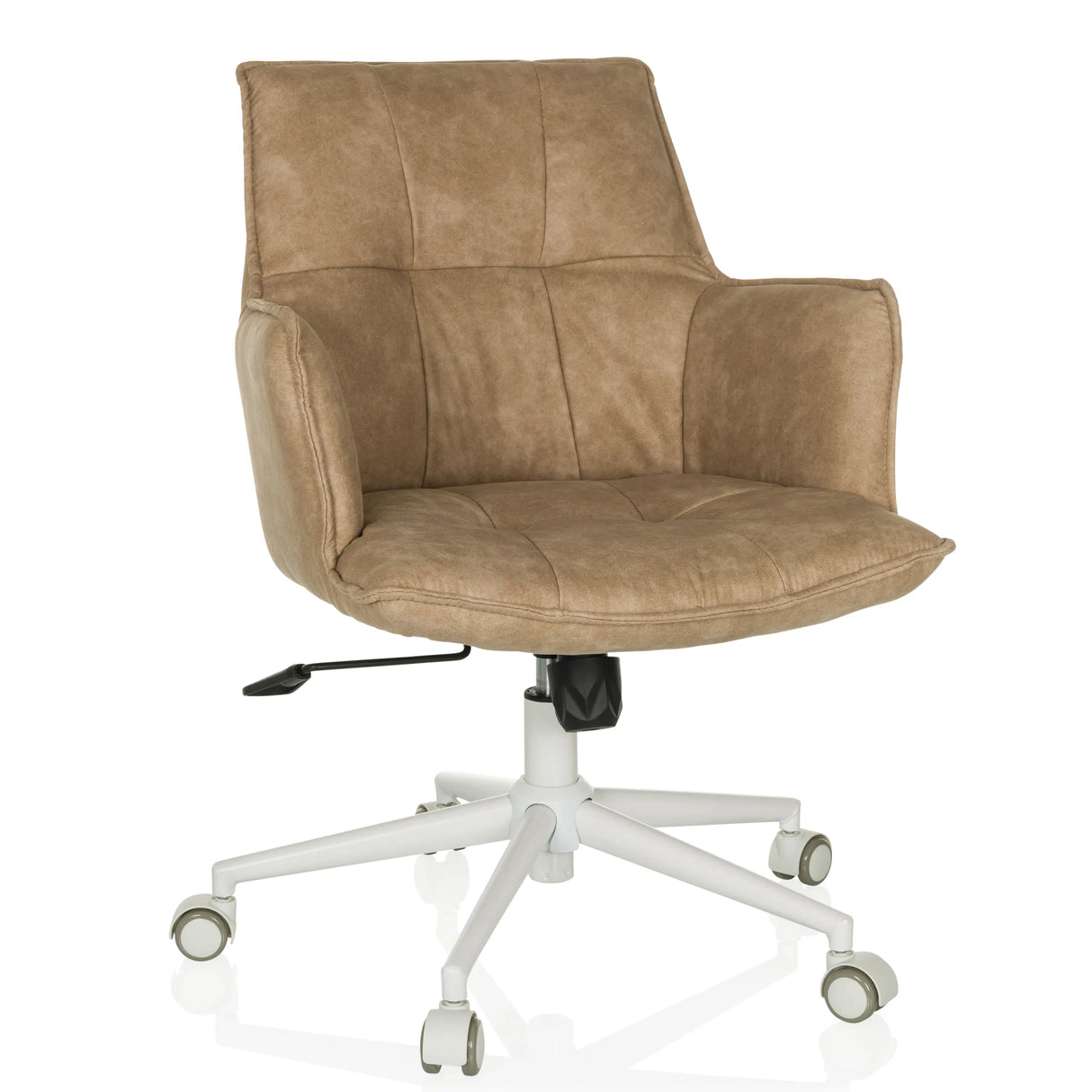 Beiger Homeoffice-Bürostuhl SOLAO LIFE W mit gepolsterter Sitzfläche und weißem Fußkreuz mit fünf Rollen von hjh LIVING – 360-Grad-Ansicht (Frontansicht 15°)