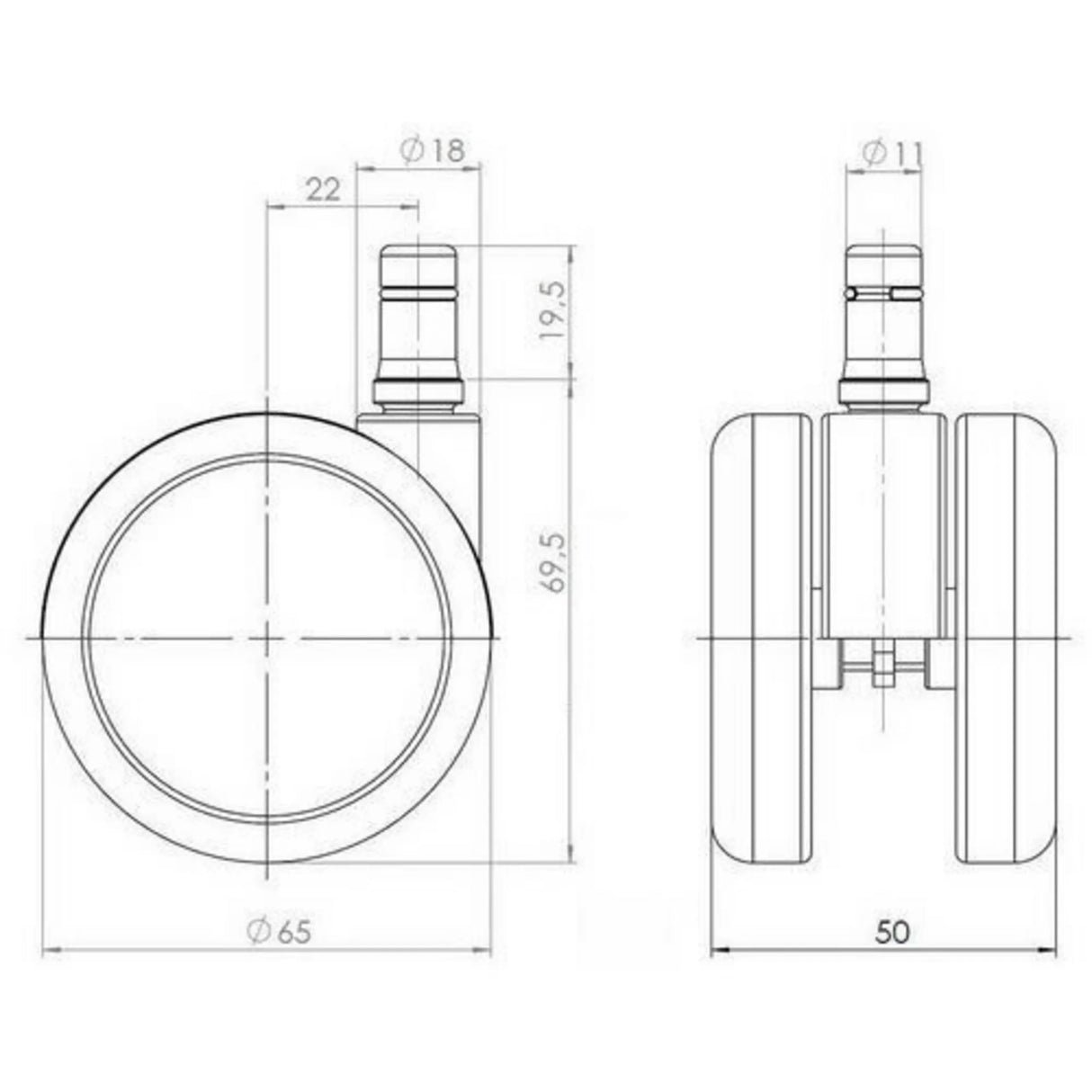 Technische Zeichnung der Stuhlrolle 5x ROLO 11mm/65mm mit einem Durchmesser von 65 mm von hjh OFFICE