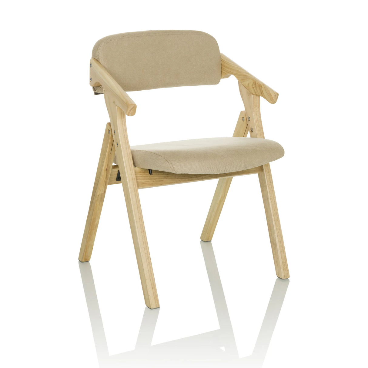 Beiger Klappstuhl SCANDIO mit Armlehnen und Holzgestell von hjh OFFICE – 360-Grad-Ansicht (schräge Frontansicht 30°)