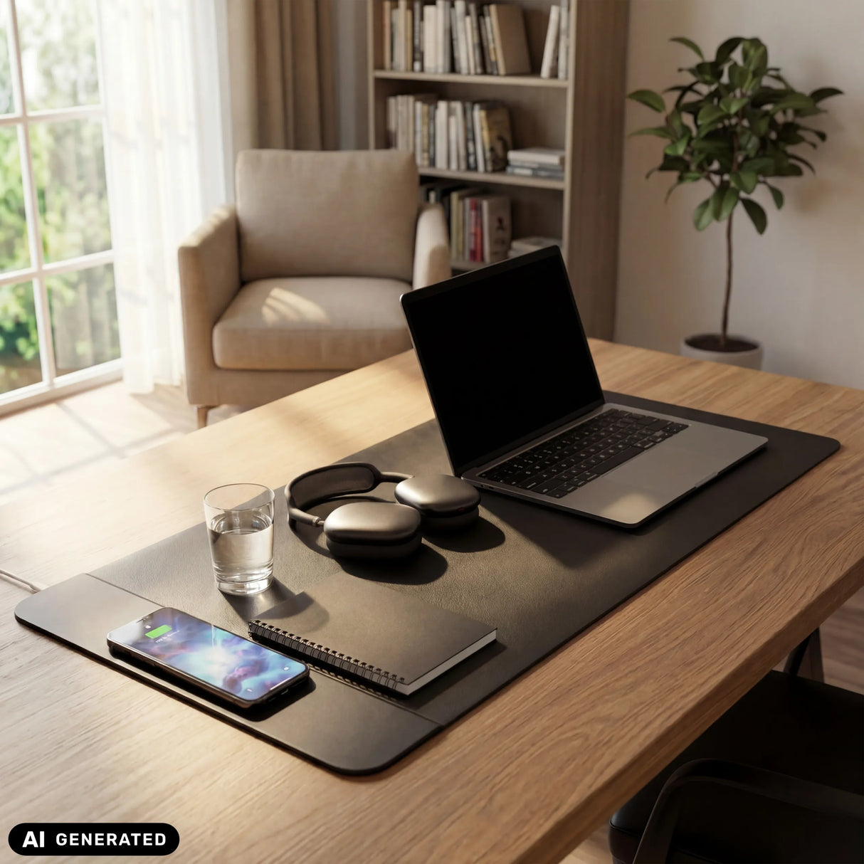Schreibunterlage Padflux Power in Schwarz auf einem Holztisch von hjh OFFICE (KI-generiertes Bild)