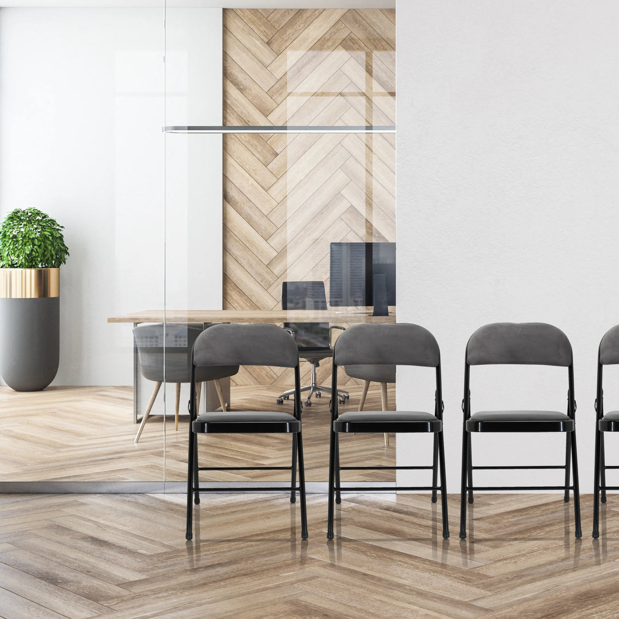 Dunkelgraue Klappstühle TUDELA I mit Bezug aus Samtstoff und schwarzem Gestell von hjh OFFICE