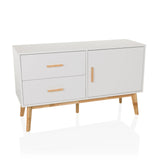 Weißes Sideboard TAROLO mit zwei Schubladen, einer Tür und Holzbeinen von hjh LIVING – 360-Grad-Ansicht (Frontansicht 15°)
