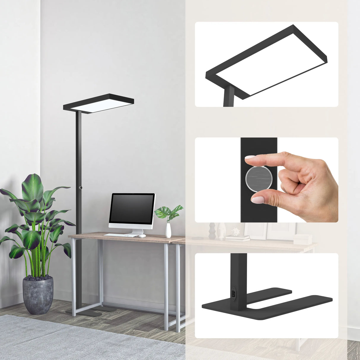 Schwarze LED Stehlampe LUMANOVA mit Touch-Schalter und flachem Standfuß von hjh OFFICE