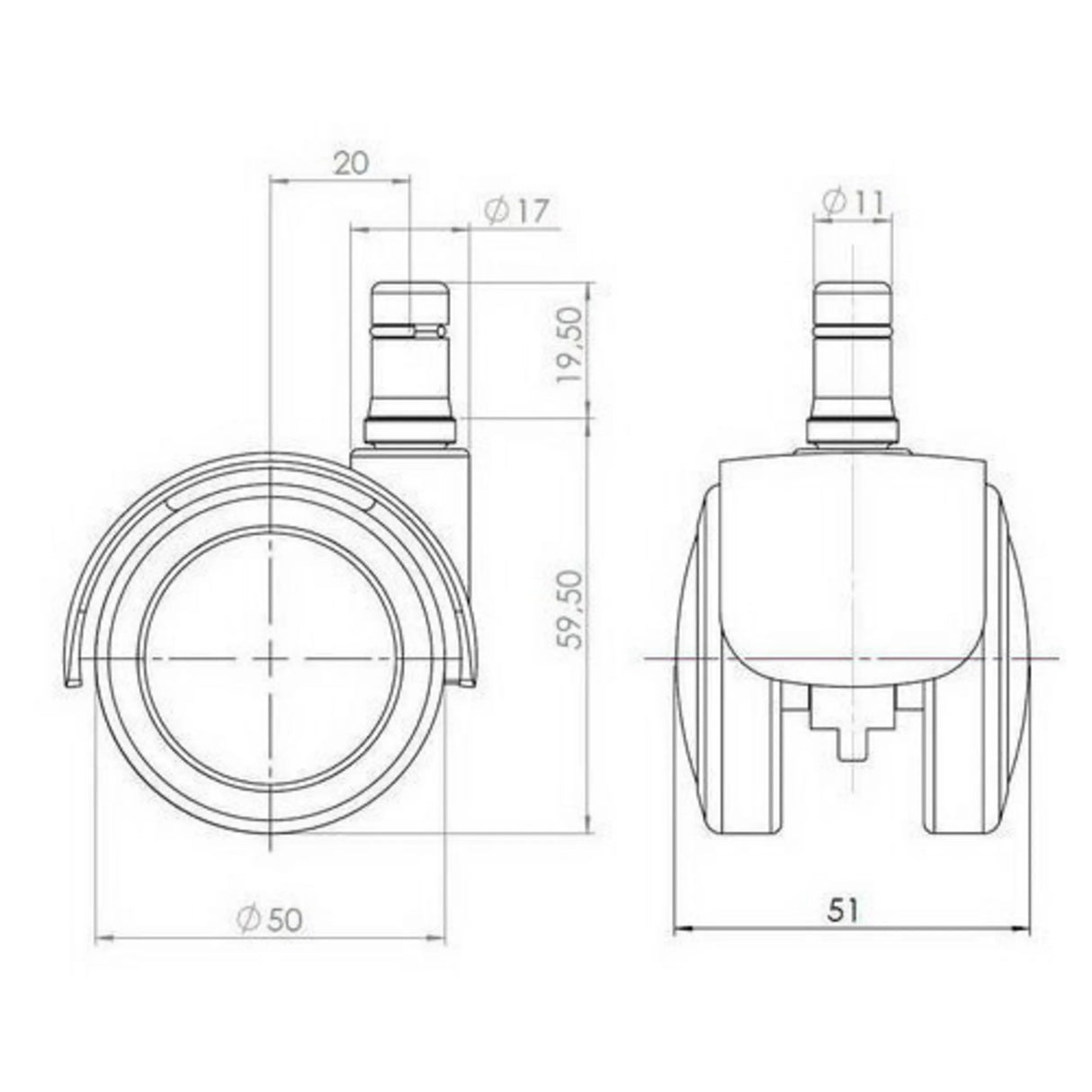 Technische Zeichnung der Stuhlrolle 5x ROLO FIX 11mm/50mm mit einem Durchmesser von 50 mm von hjh OFFICE