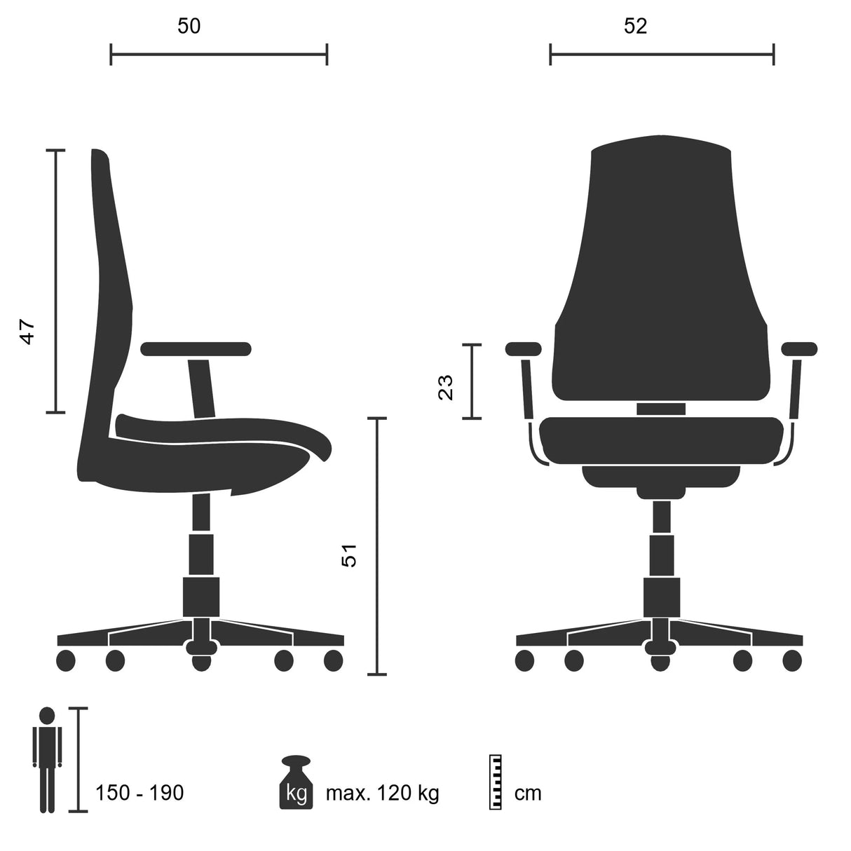 Technische Zeichnung des Besucherstuhls PARIBA V IV mit einer maximalen Belastung von 120 kg von hjh OFFICE