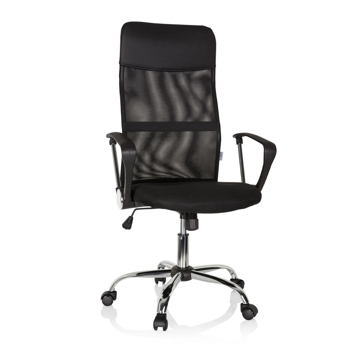 Schwarzer Homeoffice-Chefsessel PURE NET mit Netzrücken und Fußkreuz mit fünf Rollen von hjh OFFICE – 360-Grad-Ansicht (Frontansicht 20°)