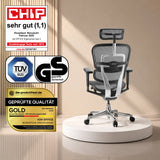 Luxus-Chefsessel ERGOHUMAN ULTRA GEN2 mit schwarzem Netzbezug und Kopfstütze auf weißem Podest von hjh OFFICE