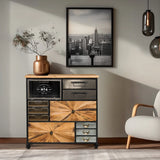 Sideboard CONTINENTO XL in dunklen Holzfarben mit Metallakzenten und Rollen von hjh LIVING