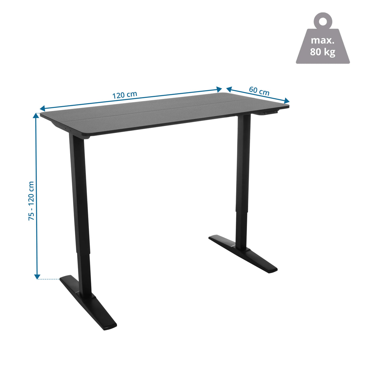 Maßzeichnung des elektrisch höhenverstellbaren Schreibtischs STAND CARBON mit 120 × 60 cm von hjh OFFICE
