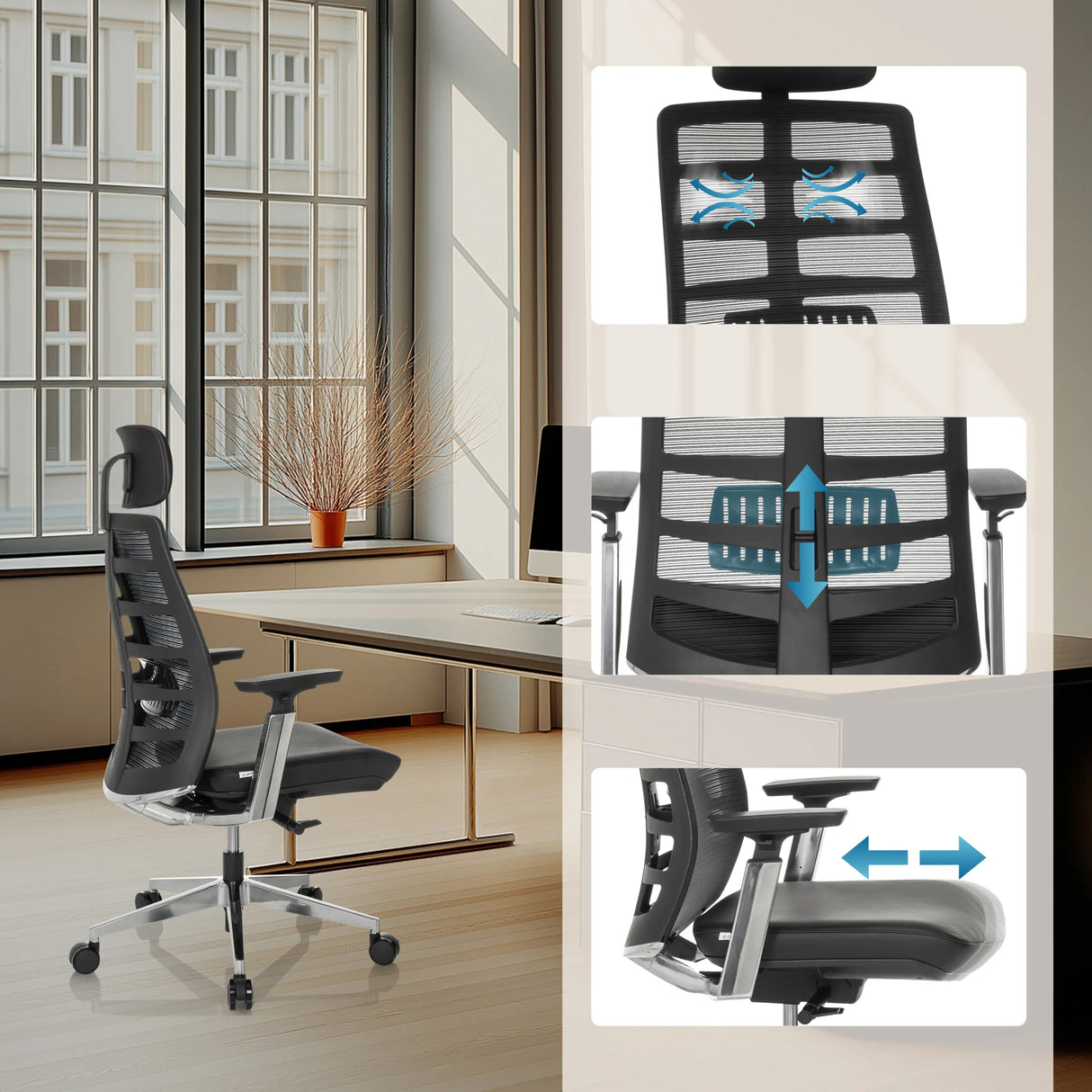 Verstellbare Rückenlehne und Sitzfläche des High-End-Bürostuhls SPINIO ELITE L von hjh OFFICE
