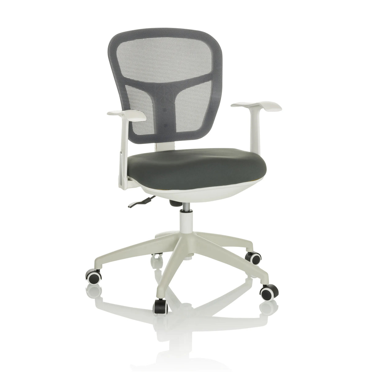Grauer Homeoffice-Bürostuhl TOP 108 W mit Netzrücken und Fußkreuz mit fünf Rollen von hjh OFFICE – 360-Grad-Ansicht (Frontansicht 15°)