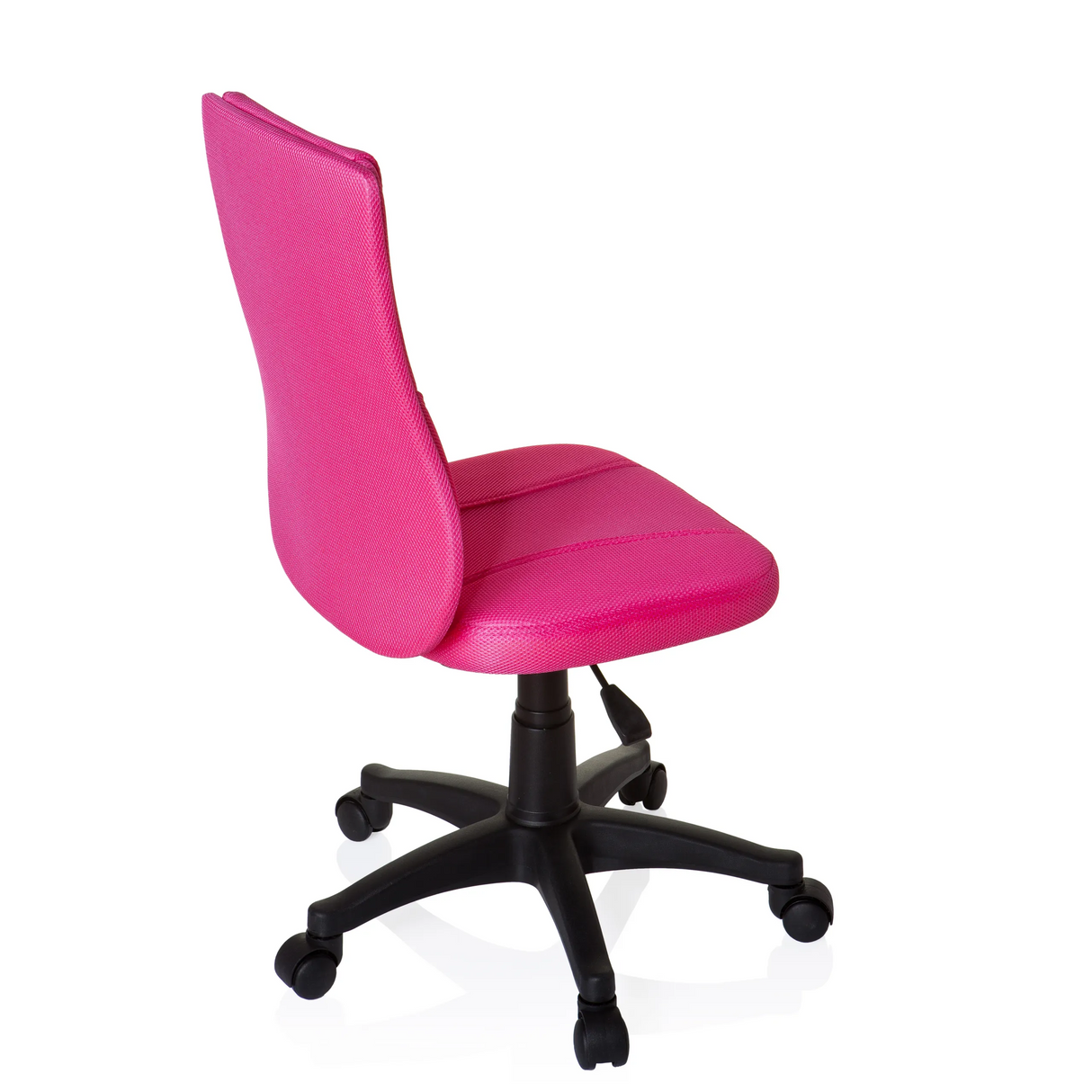 Pinker Kinderdrehstuhl KIDDY BASE mit Netzrücken und schwarzem Fußkreuz mit fünf Rollen von hjh OFFICE – 360-Grad-Ansicht (schräge Rückenansicht 120°)