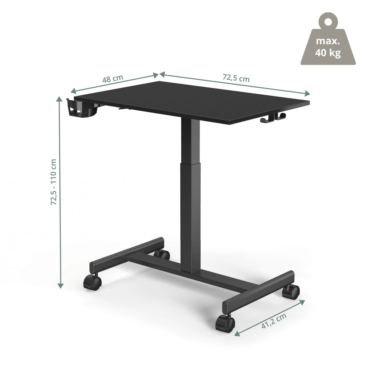 Maßzeichnung des Stehschreibtisches Stand K mit einer Breite von 72,5 cm von hjh OFFICE