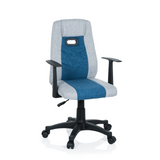 Grau-blauer Kinderdrehstuhl KIDDY EXTRA mit Armlehnen und Fußkreuz mit fünf Rollen von hjh OFFICE – 360-Grad-Ansicht (Frontansicht 20°)