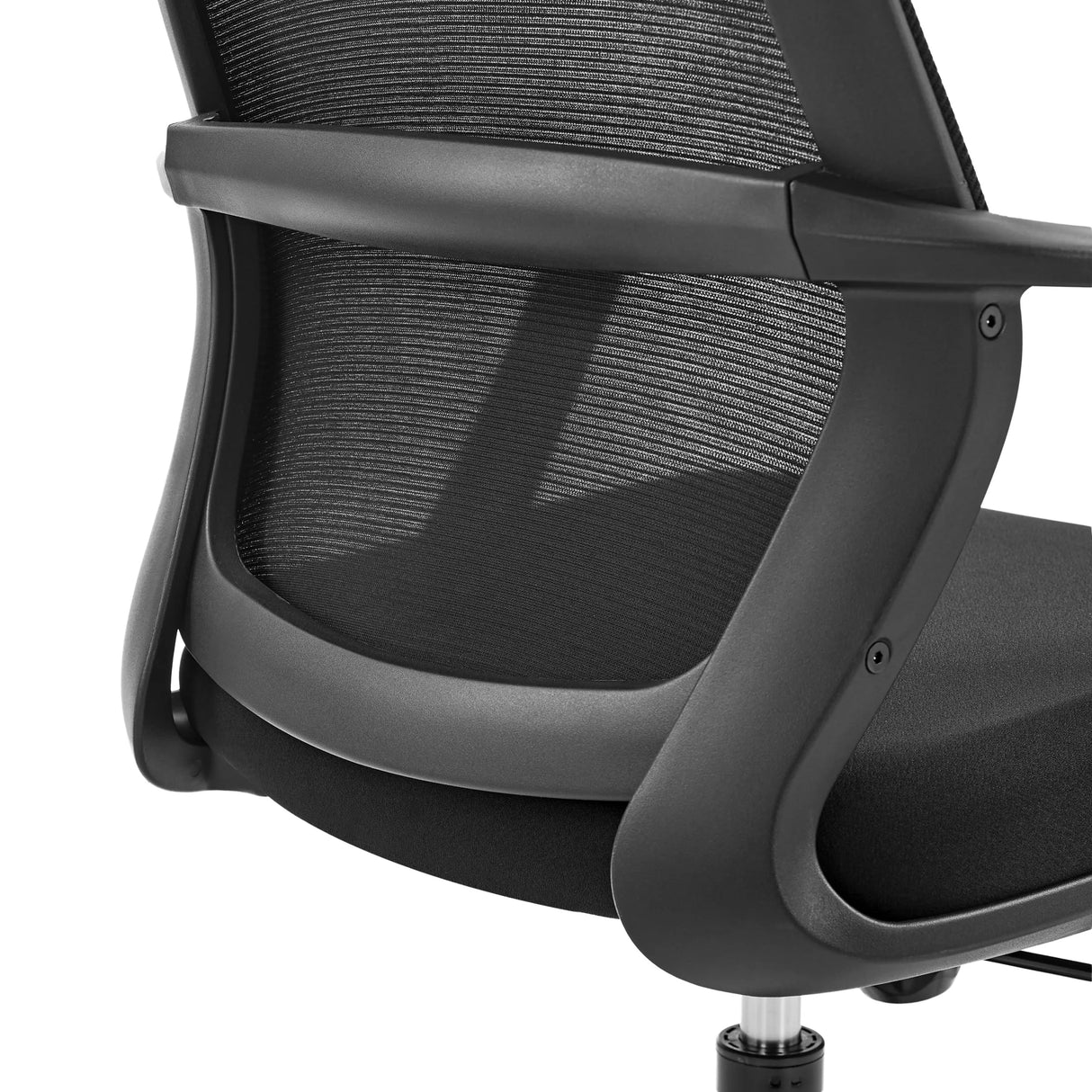 Schwarze Netzrückenlehne und Rahmen des Homeoffice-Bürostuhls Explorer von MyBuero