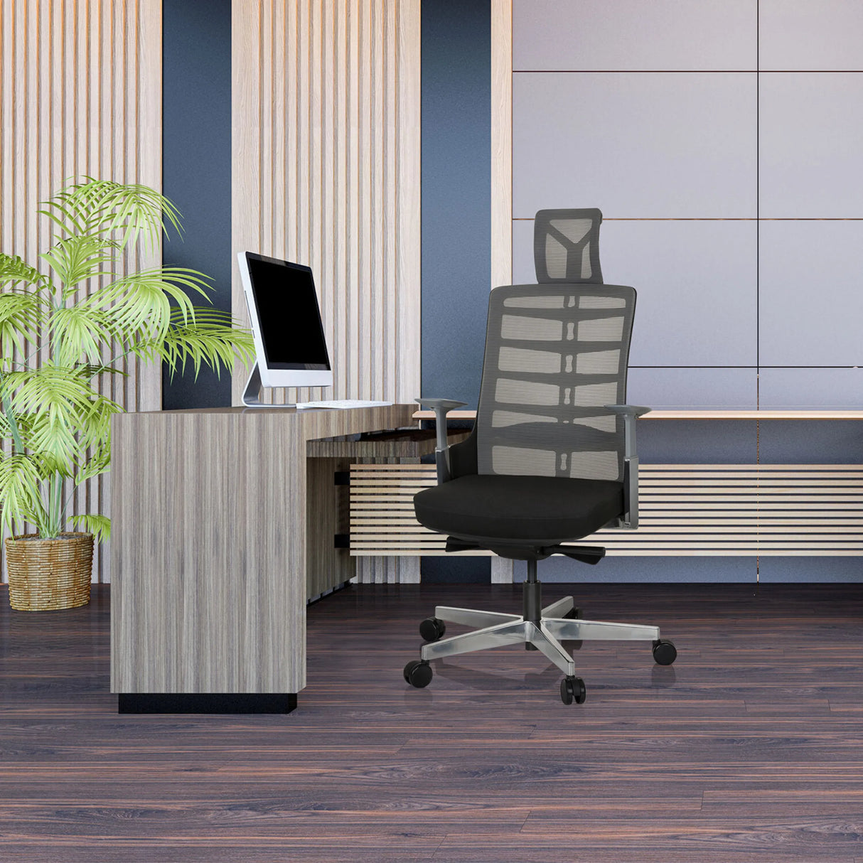 High-End-Bürostuhl SKARIF in Schwarz-Grau vor einem Schreibtisch im modernen Büro von hjh OFFICE
