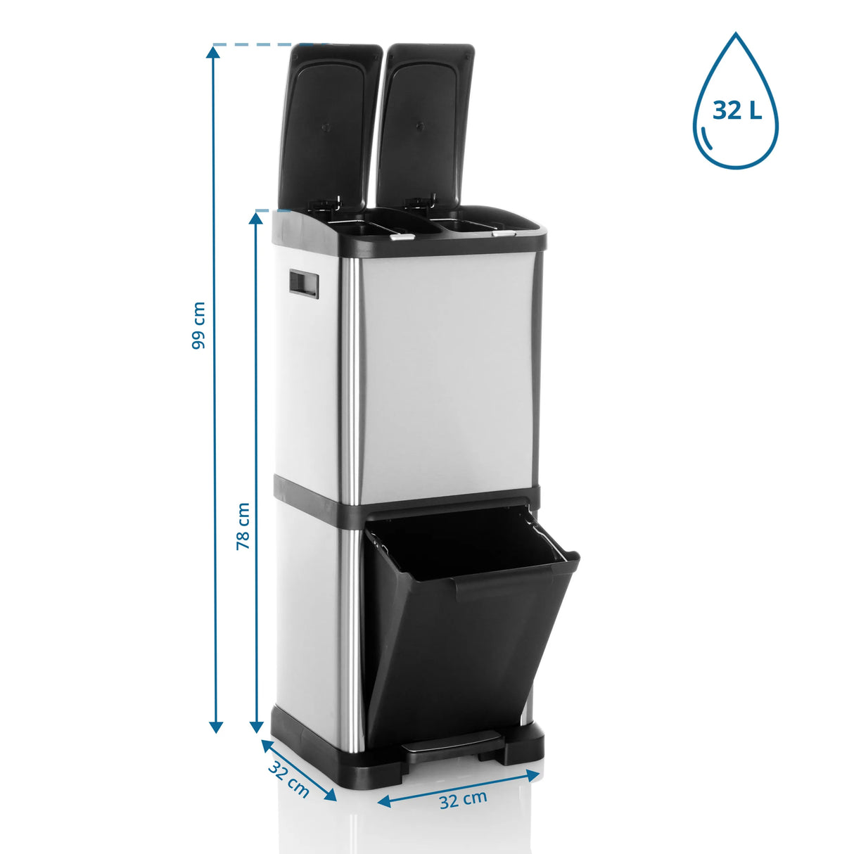 Maßzeichnung des Mülleimers CLEAN VII mit einer Höhe von 99 cm und 32 L Volumen von hjh OFFICE