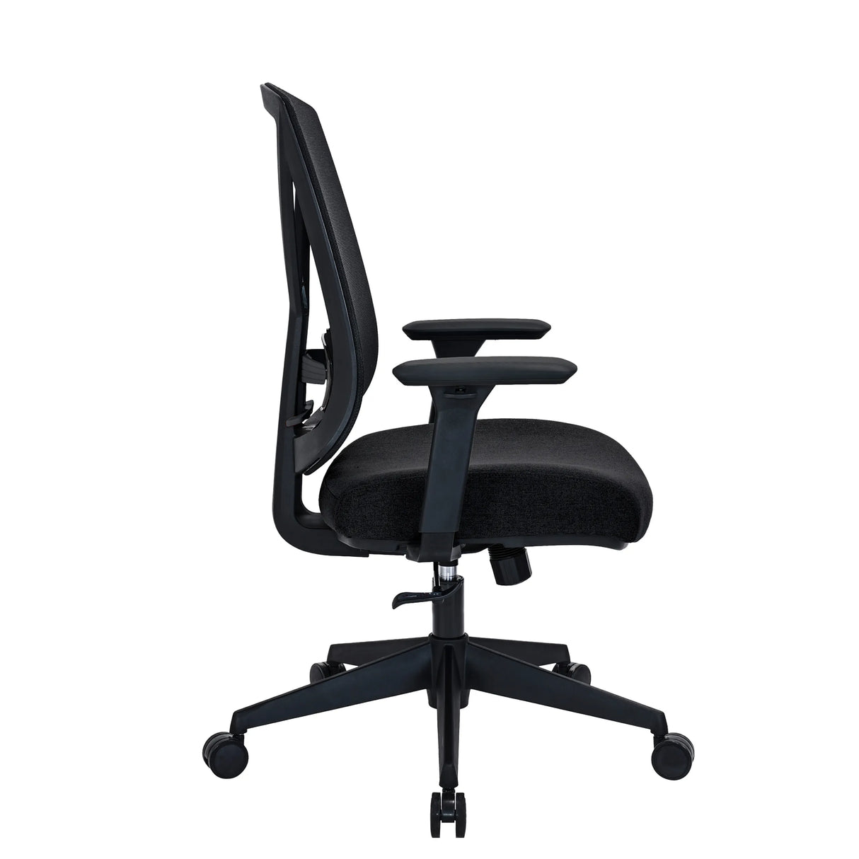 Seitenansicht des Profi-Bürostuhls Mirou in Schwarz mit Armlehnen und Rollenkreuz von hjh OFFICE